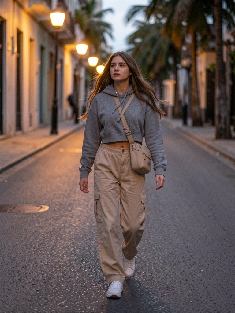 Mulher jovem com moletom cinza e calça cargo bege em rua asfaltada ao entardecer, luz de poste quente e fundo desfocado.