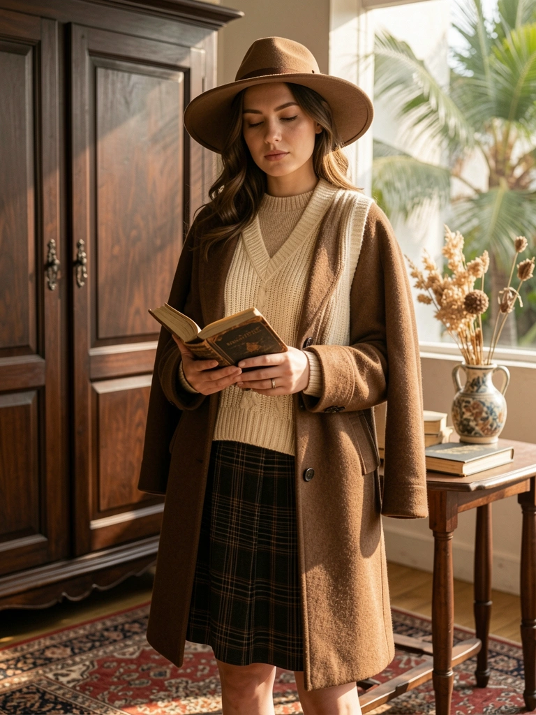 Mulher de suéter creme, saia xadrez e chapéu de aba larga segurando livro antigo, armário de madeira escura e vaso com flores secas ao fundo.