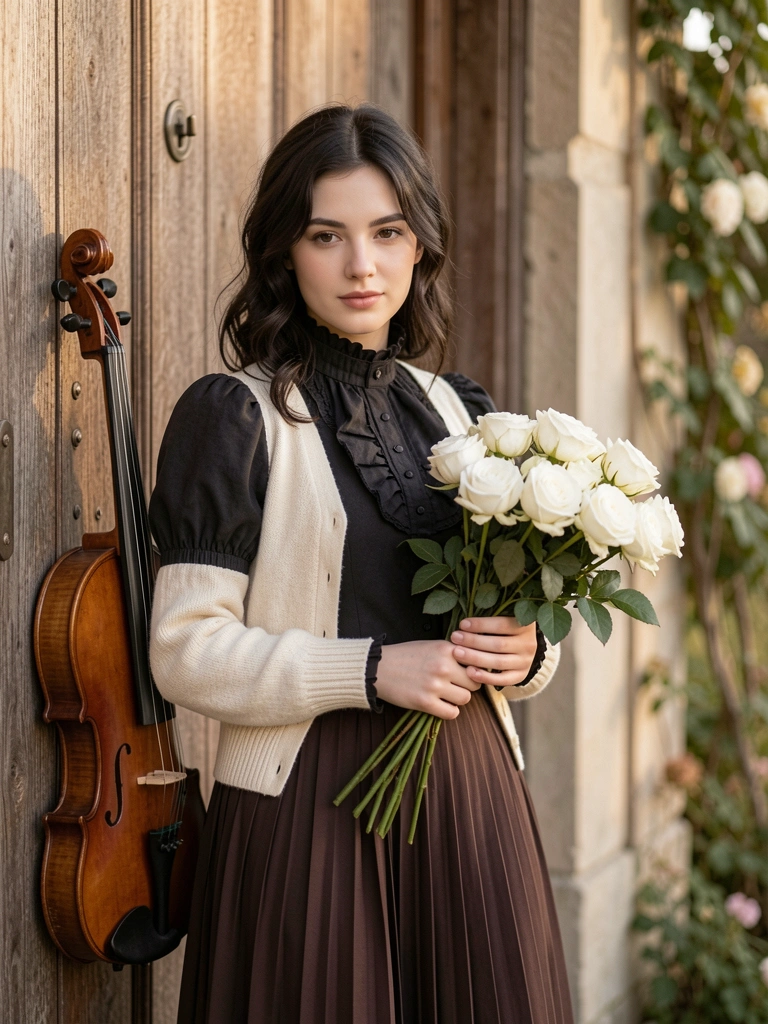 Bouquet de rosas brancas segurado por mãos femininas, vestido de gola alta e mangas bufantes, violino vintage encostado em porta de madeira, luz natural difusa.