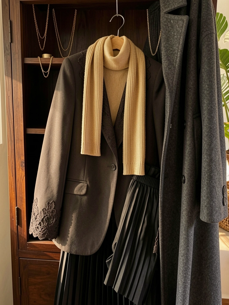 Blazer com renda detalhada sobre guarda-roupa escuro, gola dourada e colares finos em prateleira, luz natural quente.