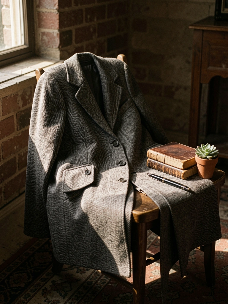 Casaco tweed cinza abotoado sobre cadeira de madeira, com caneta preta, diários de couro empilhados e suculenta em vaso; luz solar difusa e paredes de tijolo exposto ao fundo.