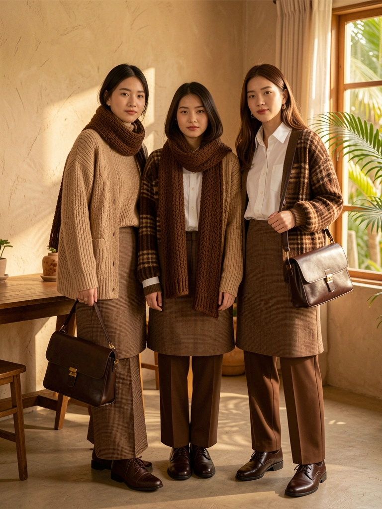 Tricôs beges e marrons, xadrez e camisa branca em três jovens sob luz solar filtrada, mesa de madeira e parede texturizada ao fundo.