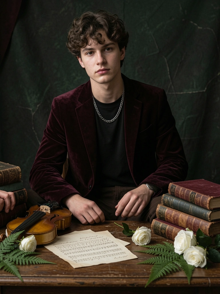 Jaqueta de veludo marrom, calça escura e colar de prata em jovem de cabelo cacheado; mesa de madeira com carta, partitura, violino e livros antigos; rosas brancas e samambaias; iluminação difusa e fundo texturizado.