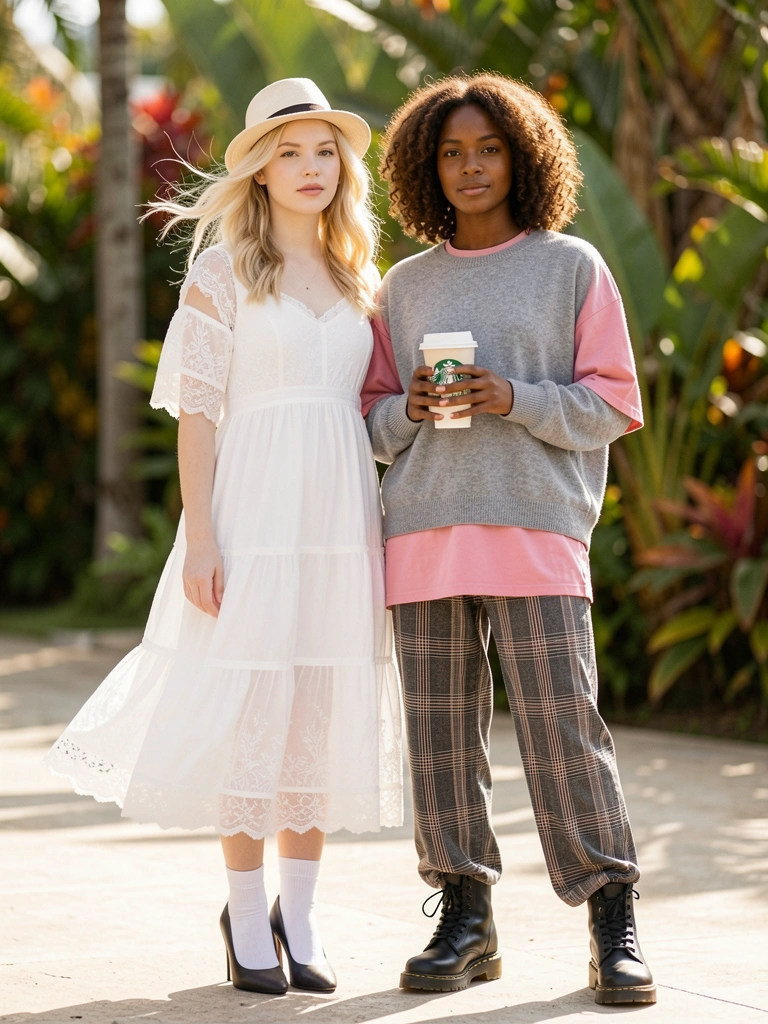 Duas jovens em pose descontraída, uma de vestido branco com renda e chapéu, outra de camiseta rosa, suéter cinza, calça xadrez e coturno, segurando copo Starbucks, cabelos ao vento, fundo com folhagem tropical desfocado.