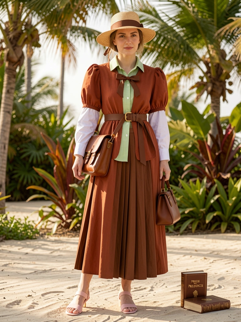 Mulher com vestido ferrugem e chapéu de palha segurando bolsa de couro marrom, livro 