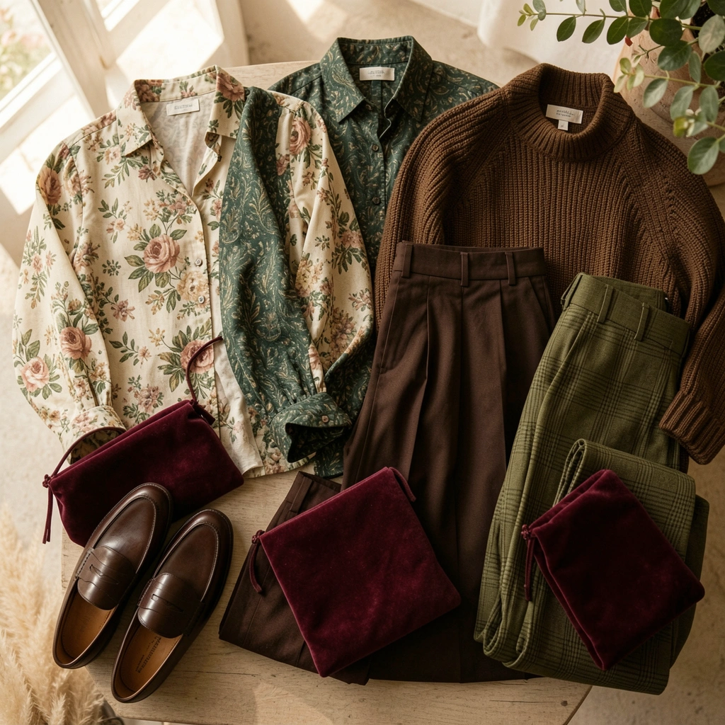 Blusa floral, suéter marrom e calça verde-oliva dispostos em flat lay com sapatos e bolsas de veludo, luz natural suave.