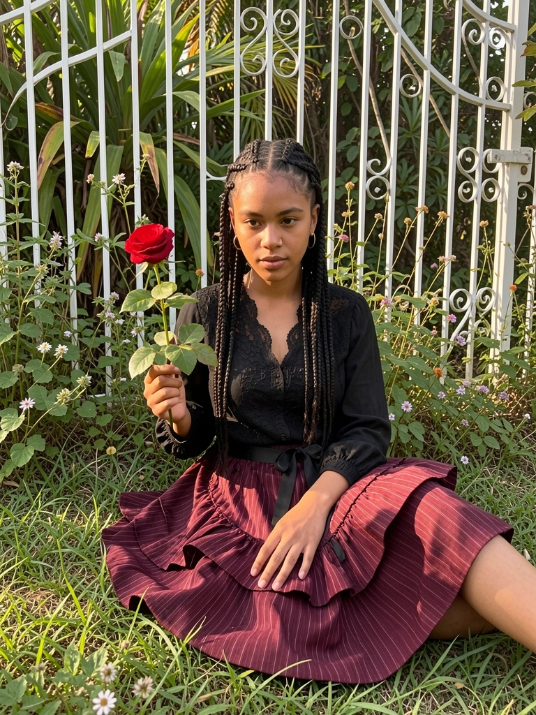 Jovem com tranças e blusa de renda segurando rosa vermelha, sentada na grama com portão de ferro branco ao fundo, luz natural filtrada por folhagens.