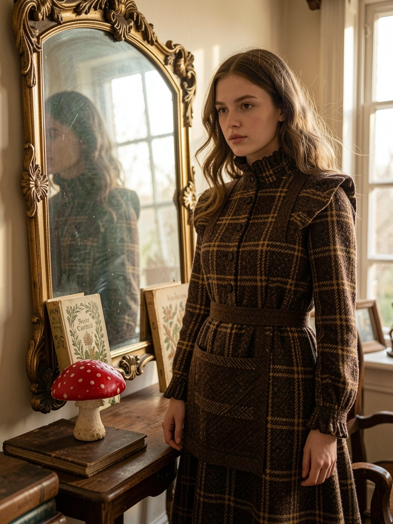 Vestido xadrez marrom e dourado com gola franzida, espelho antigo de moldura dourada refletindo livro 