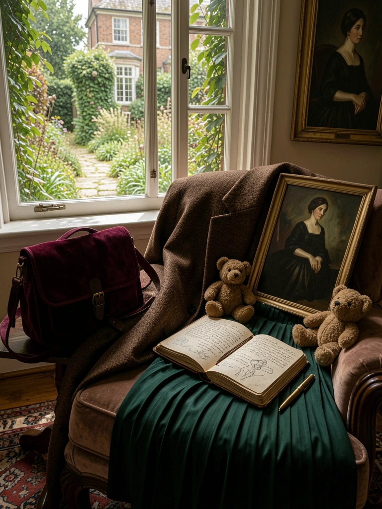 Bolsa de veludo vinho, caderno de couro com anotações, casaco tweed sobre poltrona, ursinho e moldura com pintura a óleo em sala iluminada por janela com jardim.