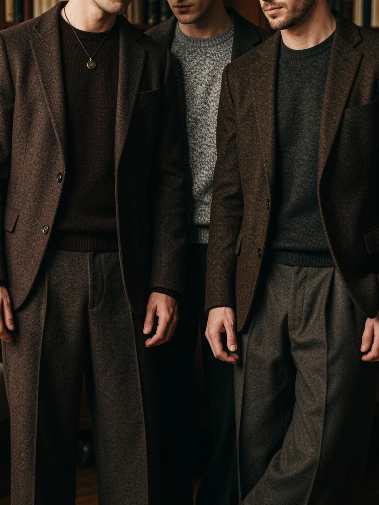 Três figuras masculinas com suéteres de tricô marrom escuro e cinza, blazer tweed e calças de perna larga, sobrepostas em camadas, iluminação suave e quente.