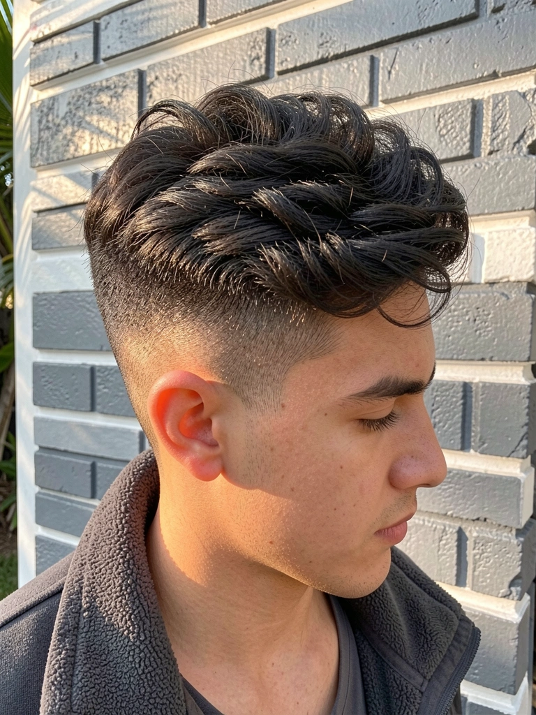 Jovem com cabelo escuro texturizado no corte americano, jaqueta cinza escura, parede de tijolos cinza e luz natural.