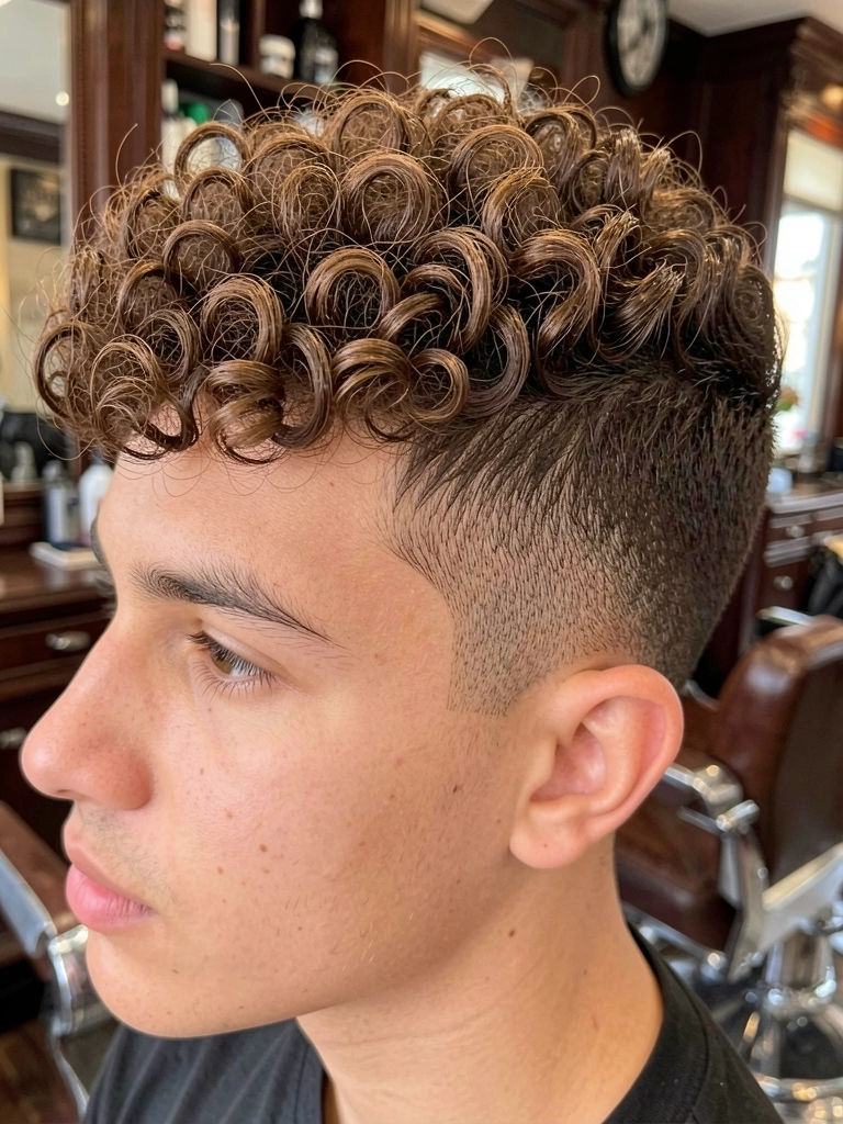 Cabelo cacheado texturizado com fade lateral e nuca desenhada, luz natural destaca os fios e o corte preciso, fundo de barbearia desfocado.