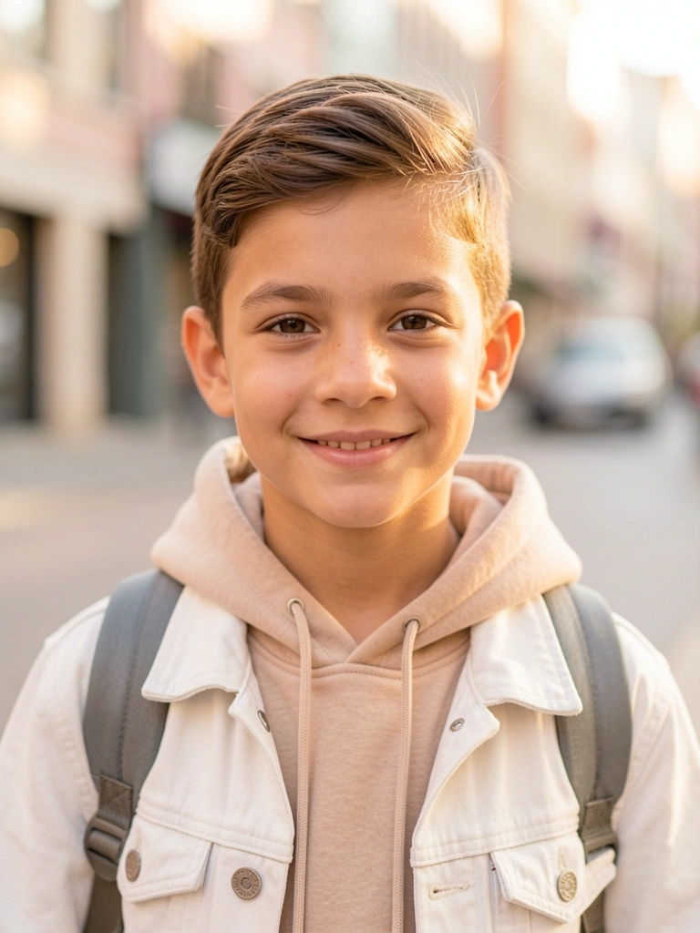 Menino com jaqueta jeans branca e moletom bege sorri para a câmera, luz natural suave e fundo urbano desfocado.