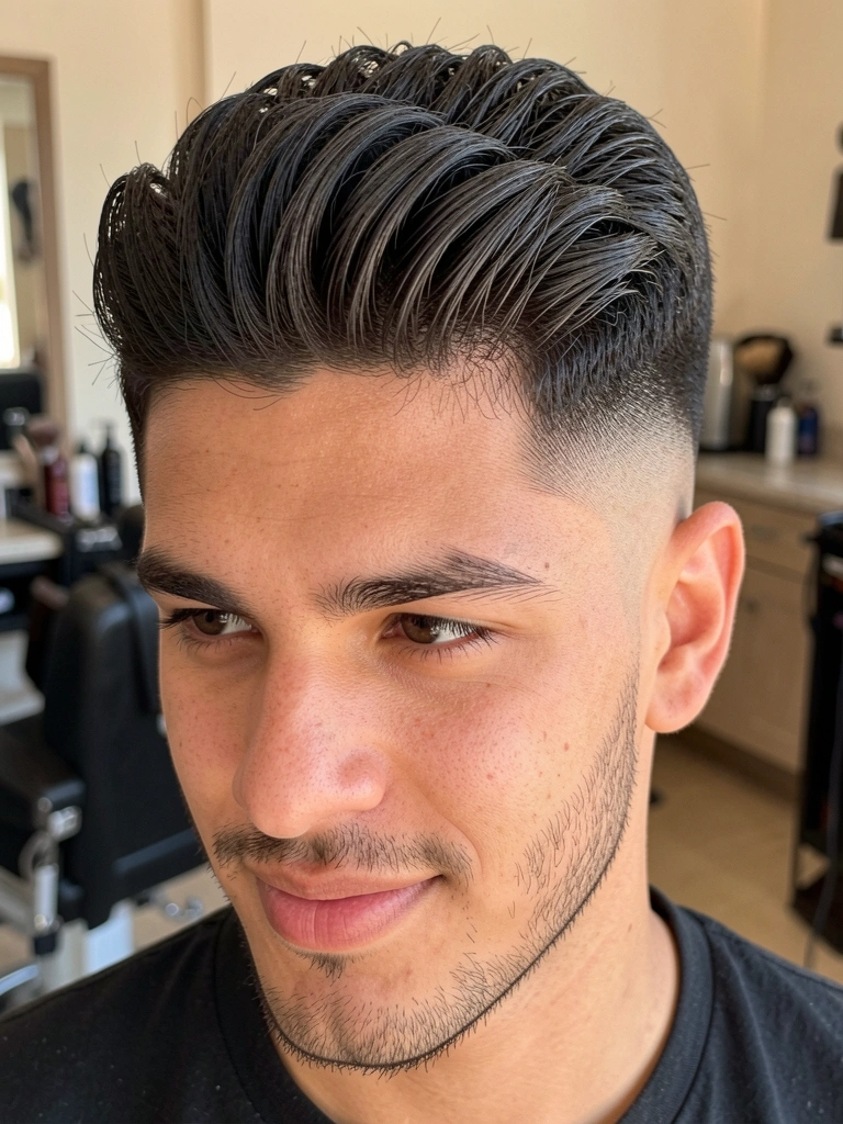 Close-up de jovem com cabelo escuro texturizado em undercut degradê, barba rala e sorriso leve, iluminado por luz natural suave em barbearia.