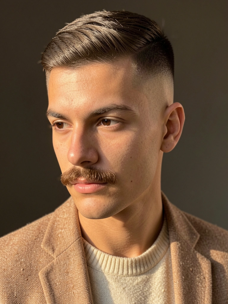 Jovem com cabelo texturizado e fade, blazer marrom claro sobre suéter creme, barba aparada, luz suave destacando texturas.