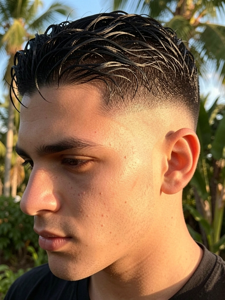 Jovem com corte americano de cabelo escuro texturizado e levemente molhado, luz natural difusa e fundo com folhagem tropical desfocada.