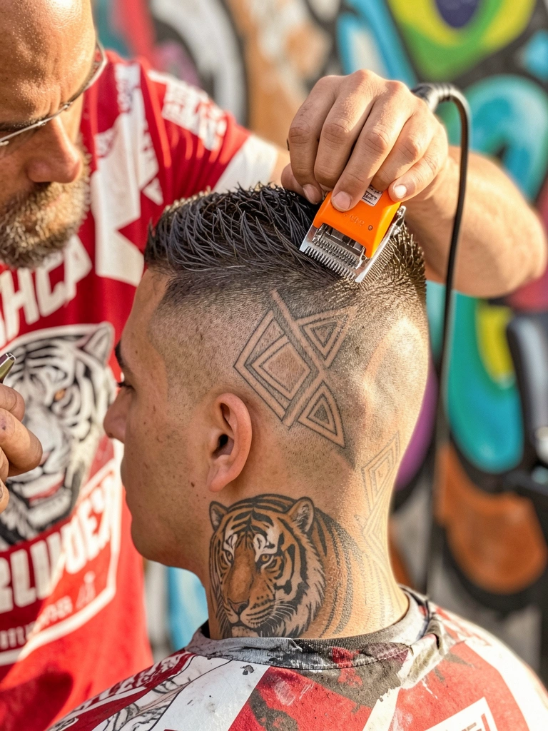 Close-up de barbeiro com camisa vermelha e branca cortando cabelo curto com máquina laranja, homem com tatuagem de tigre no pescoço e desenho geométrico na cabeça raspada, luz natural destacando os detalhes.