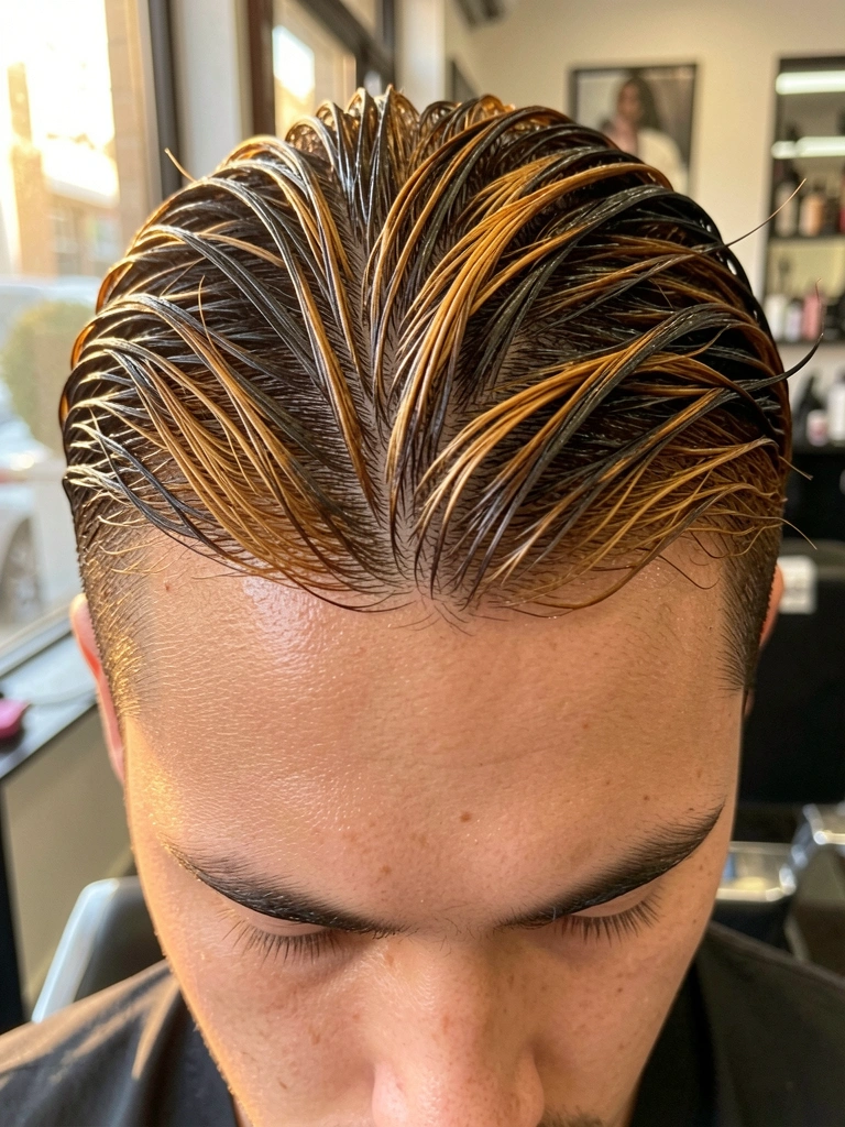 Jovem com cabelo molhado repartido ao meio, mechas caramelas e castanhas, luz dourada de janela, fundo de barbearia desfocado.