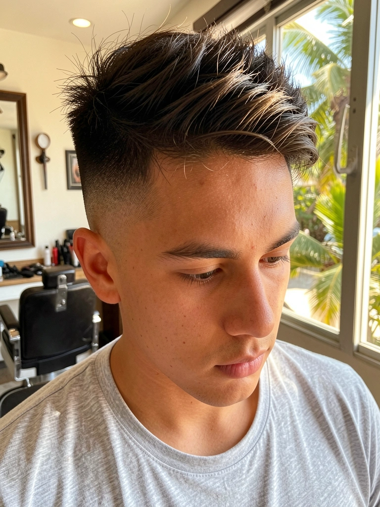 Jovem com cabelo escuro texturizado e degradê, camiseta cinza clara, luz natural filtrada por janela de barbearia.