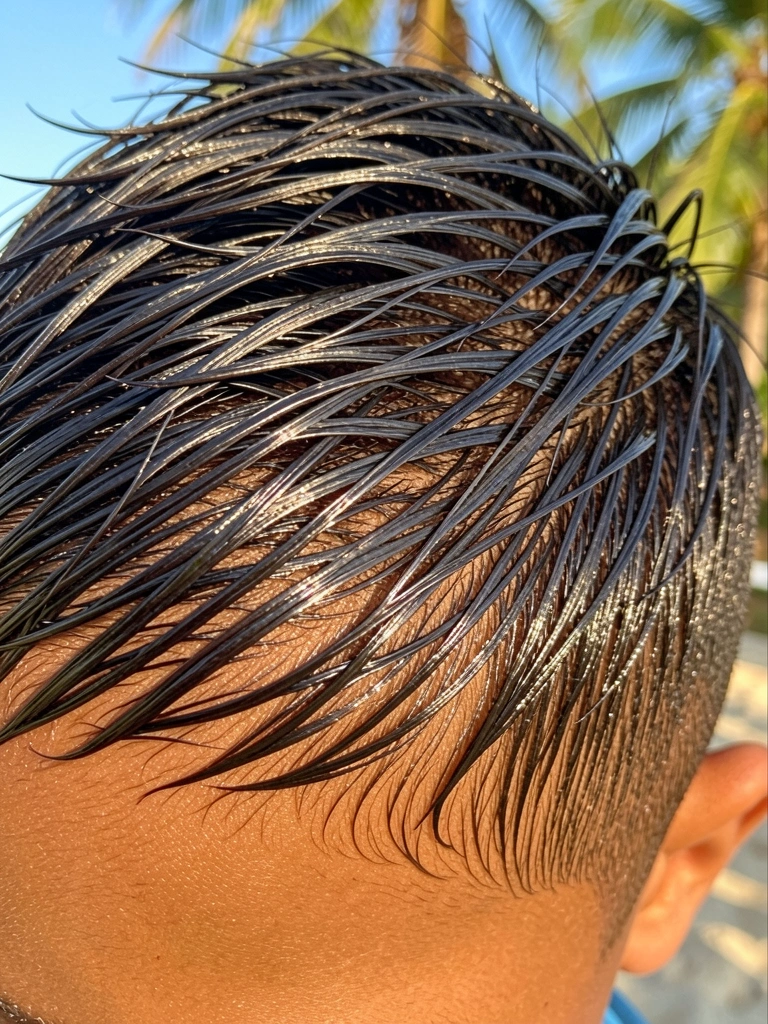 Cabelo infantil texturizado com corte moderno, risca lateral nítida e fade suave, molhado e brilhante sob luz natural.