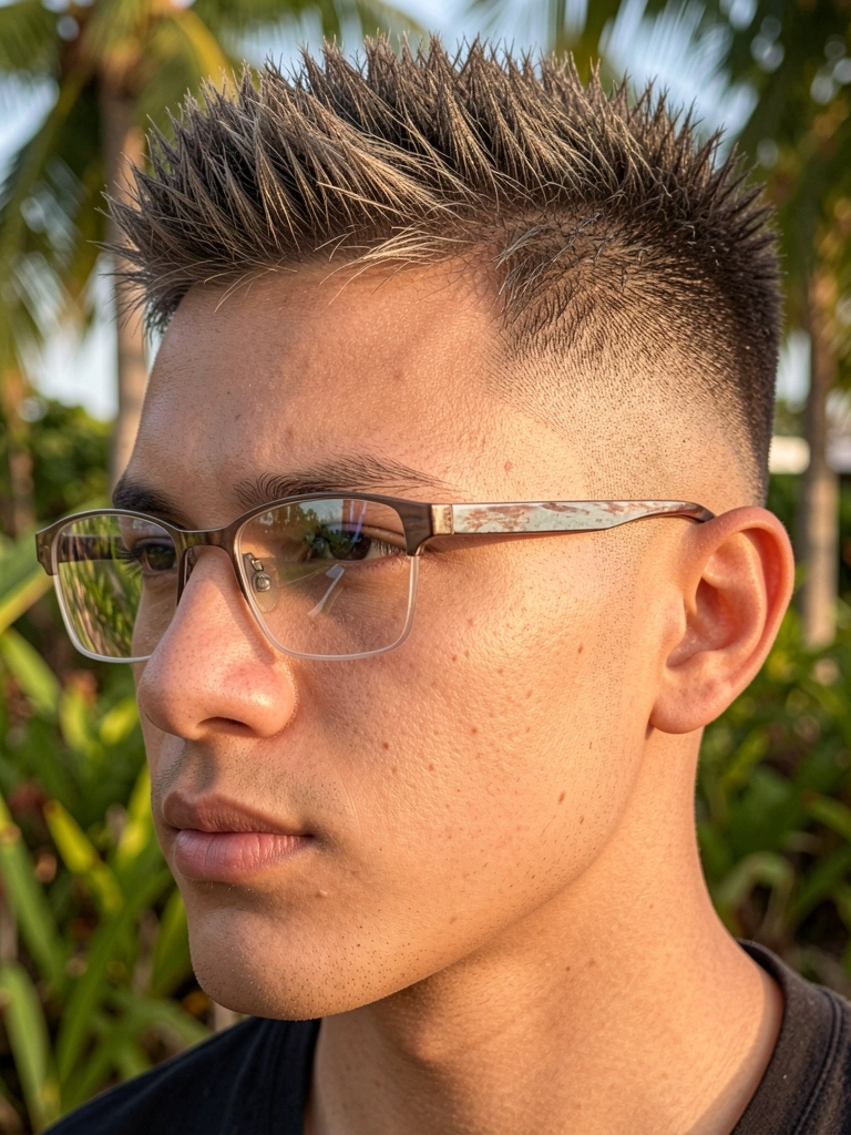 Retrato masculino jovem com cabelo texturizado e óculos retangulares, luz difusa destacando a pele e o fade nas laterais, fundo com folhagens verdes.