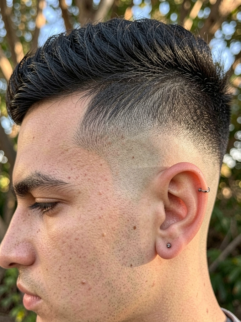 Jovem com cabelo texturizado em undercut e degradê, nuca raspada com brinco pequeno, luz natural quente e fundo desfocado com folhagens.