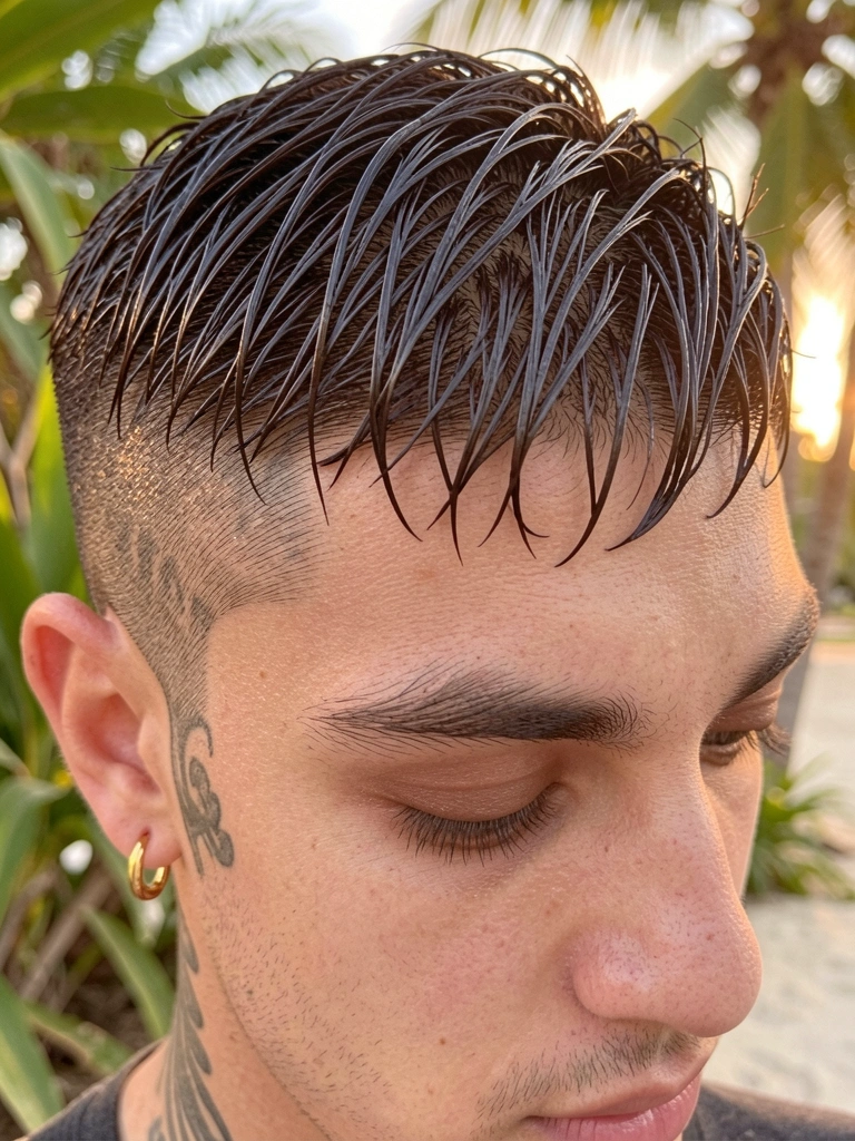 Jovem com cabelo texturizado de corte point-cut, brilho úmido, sobrancelhas definidas e brincos de argola dourados, luz natural suave.
