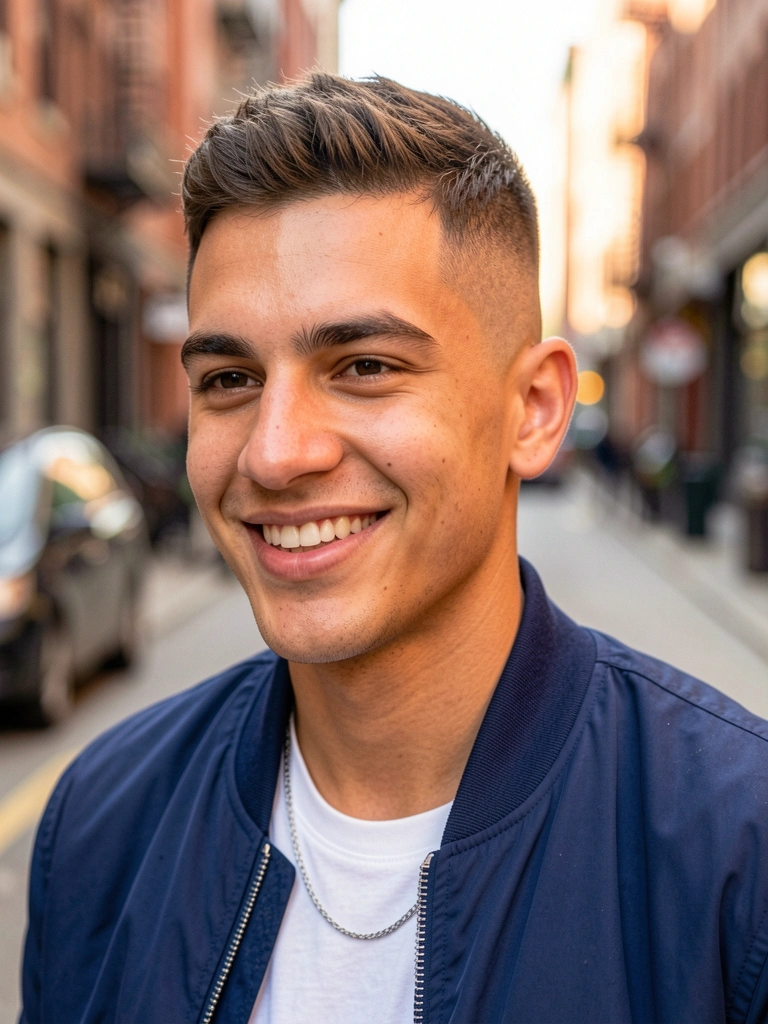 Jovem de jaqueta azul-marinho e camiseta branca, sorriso genuíno, cabelo texturizado com undercut e luz natural de rua.