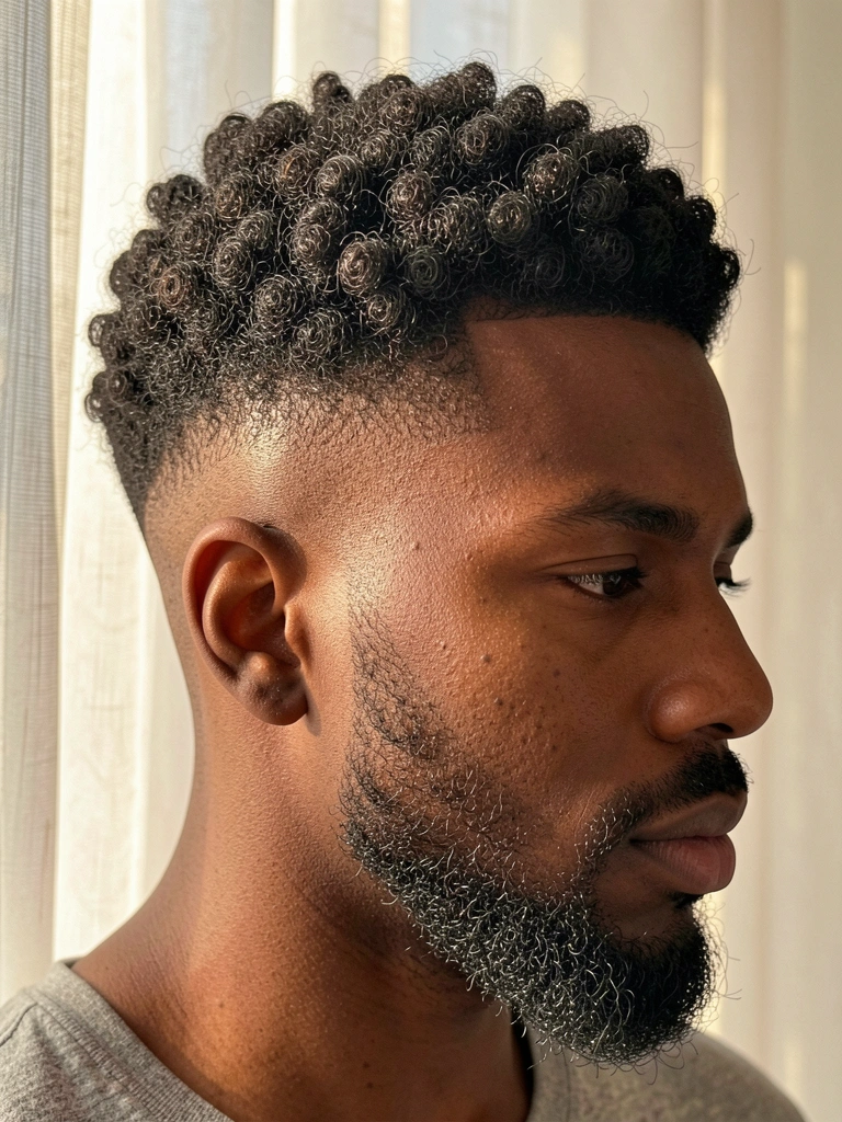 Homem negro com cabelo afro texturizado, undercut e barba esculpida, iluminado por luz natural difusa de cortina.