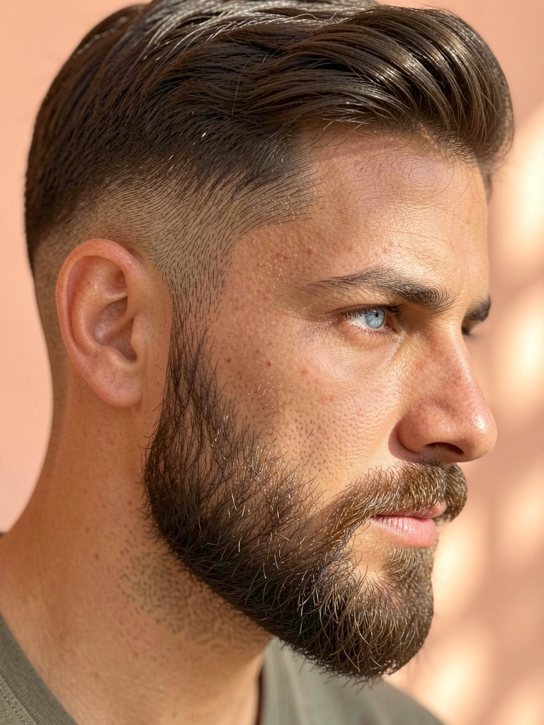 Homem de perfil com barba cheia e olhos azuis intensos, fundo pêssego suave e luz natural quente.