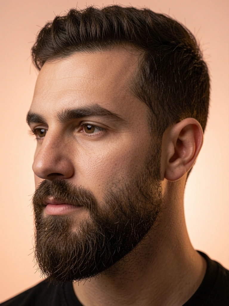 Homem de perfil com barba cheia, iluminação suave destacando textura do cabelo e barba, fundo em gradiente pêssego.