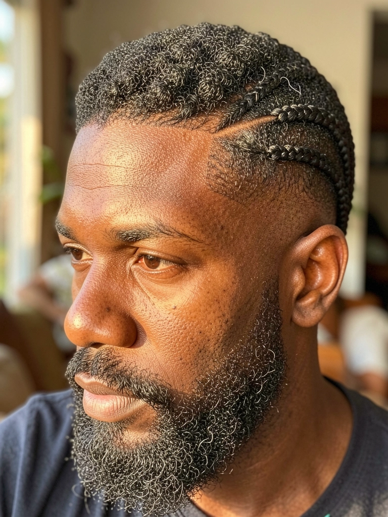 Homem negro com cabelo curto texturizado, undercut e tranças laterais, barba cheia, luz natural quente e fundo desfocado.