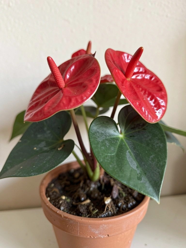 Muda de antúrio em vaso pequeno com terra úmida.