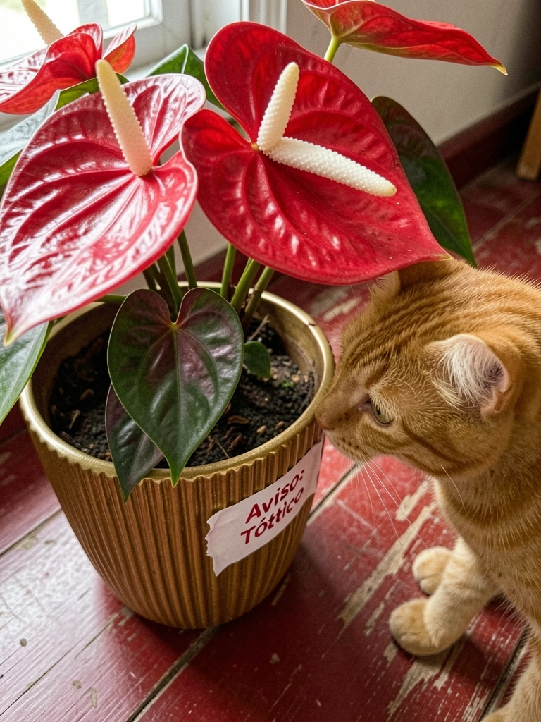 Gato malhado se aproxima de vaso com antúrio vermelho sobre mesa de madeira
