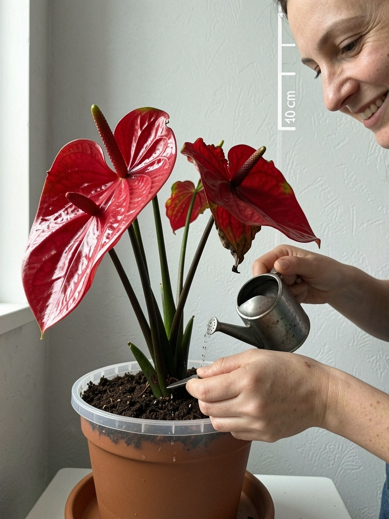 Mãos segurando um borrifador sobre um vaso de antúrio com folhas verdes e flores vermelhas.