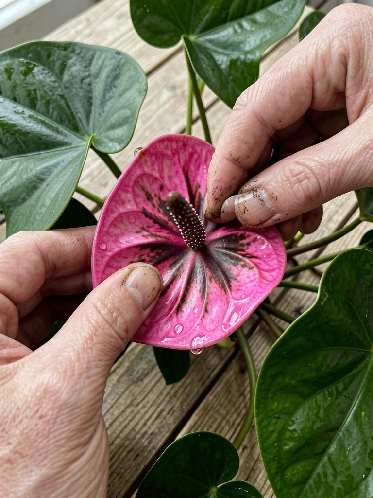 Mãos sujas de terra separando mudas de antúrio com raízes expostas.