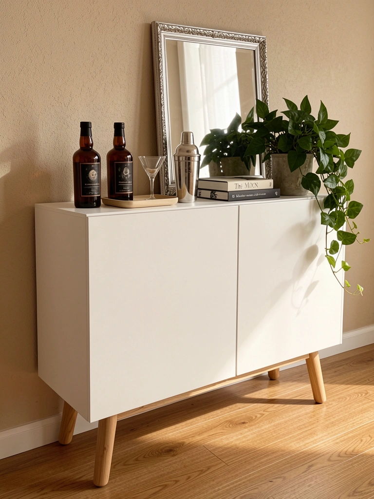 Luz natural incide sobre aparador branco com base de madeira clara, garrafas âmbar, copo e coqueteleira de prata, livros empilhados e plantas pendentes.
