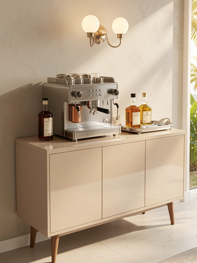 Buffet bege claro com pernas de madeira, máquina de espresso de cobre e garrafas de uísque sobre bandeja prateada, luz natural e arandelas acesas.