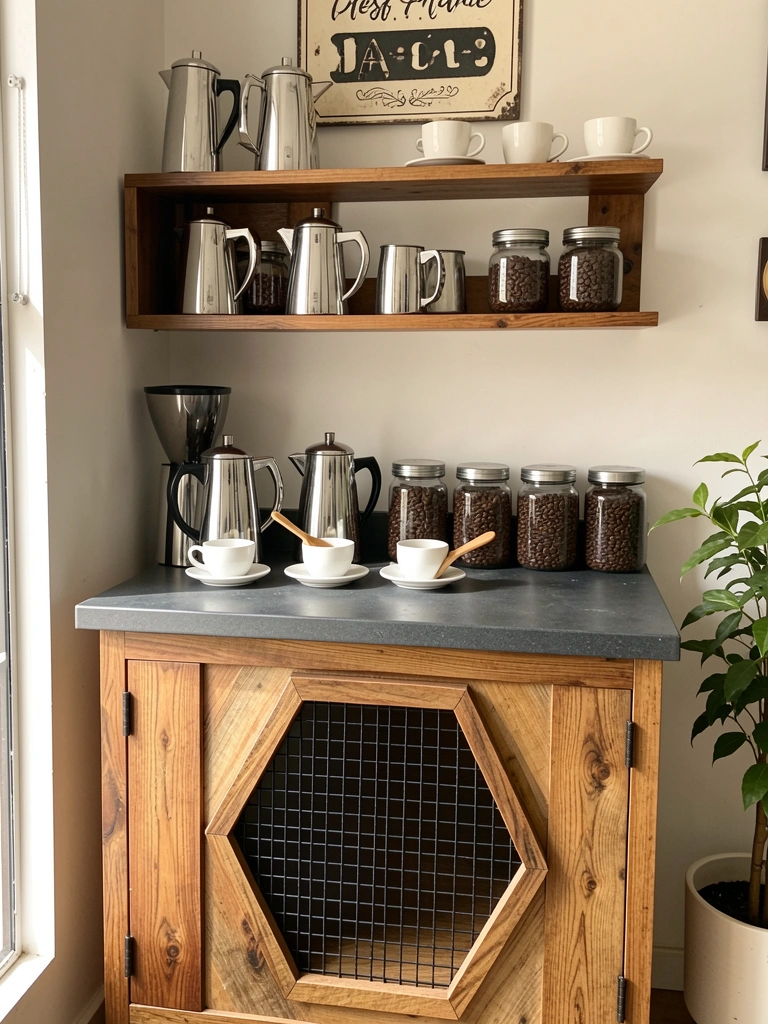 Aparador de madeira rústica com porta hexagonal, prateleira exibindo coleção de cafeteiras de aço e xícaras de cerâmica, luz natural.