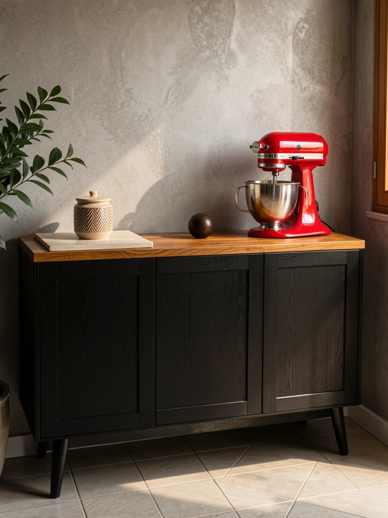 Luz natural incide sobre aparador preto com portas de madeira, mixer vermelho e jarro de cerâmica listrado sobre bancada de madeira.