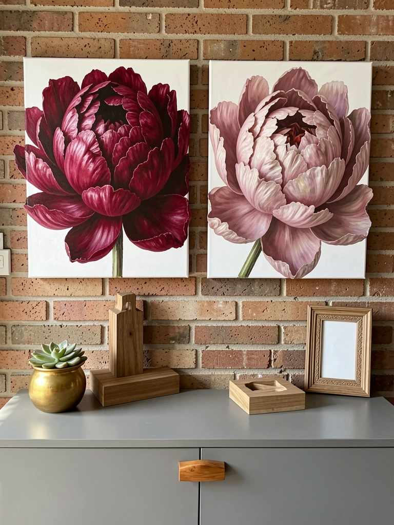 Duas pinturas florais de peônias magenta e rosa sobre parede de tijolos, acima de aparador cinza com puxador de madeira, vaso dourado com suculenta e blocos de madeira.