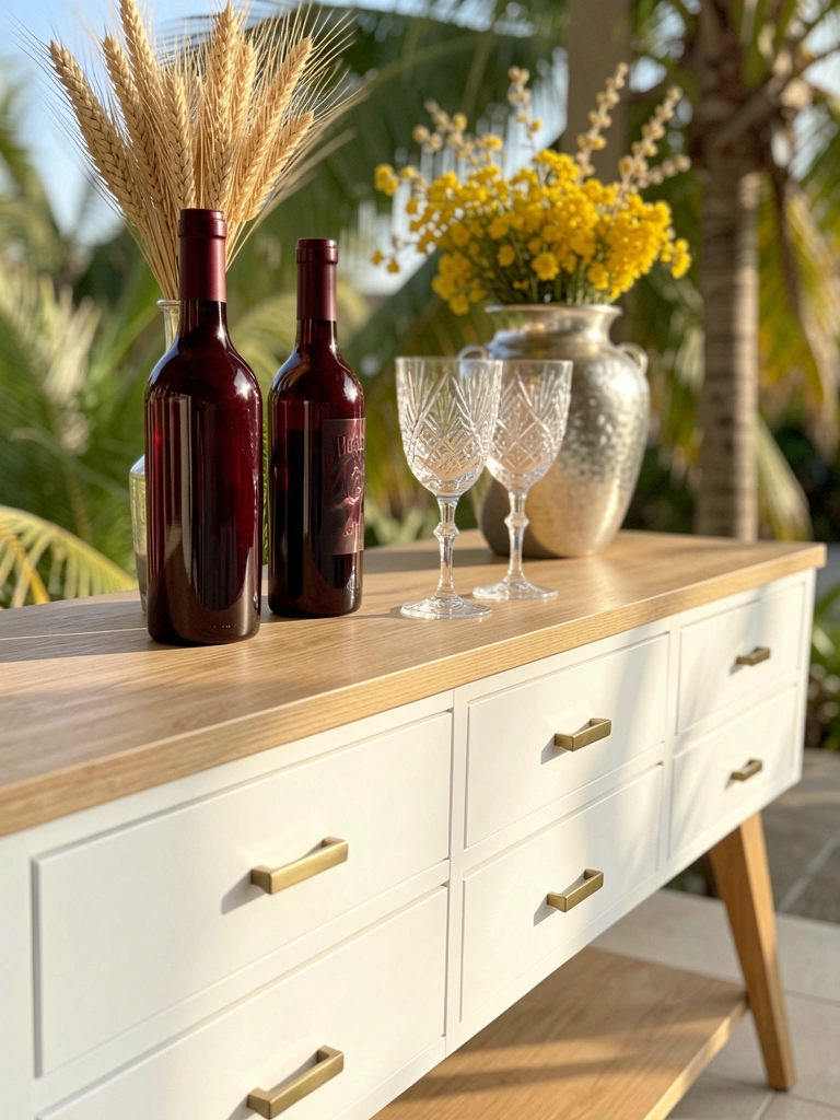 Aparador branco com pernas de madeira, duas garrafas de vinho tinto, vaso prateado com trigo seco e flores amarelas, taças de cristal, luz natural e fundo tropical.