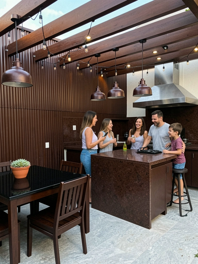 Família reunida em área de churrasco ao ar livre, com churrasqueira e mesa decorada.