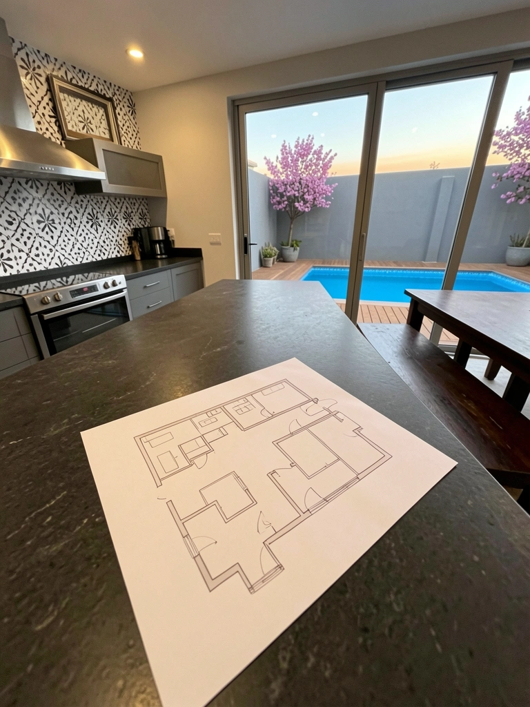 Planta baixa de área externa com zoneamento para churrasco e convivência.