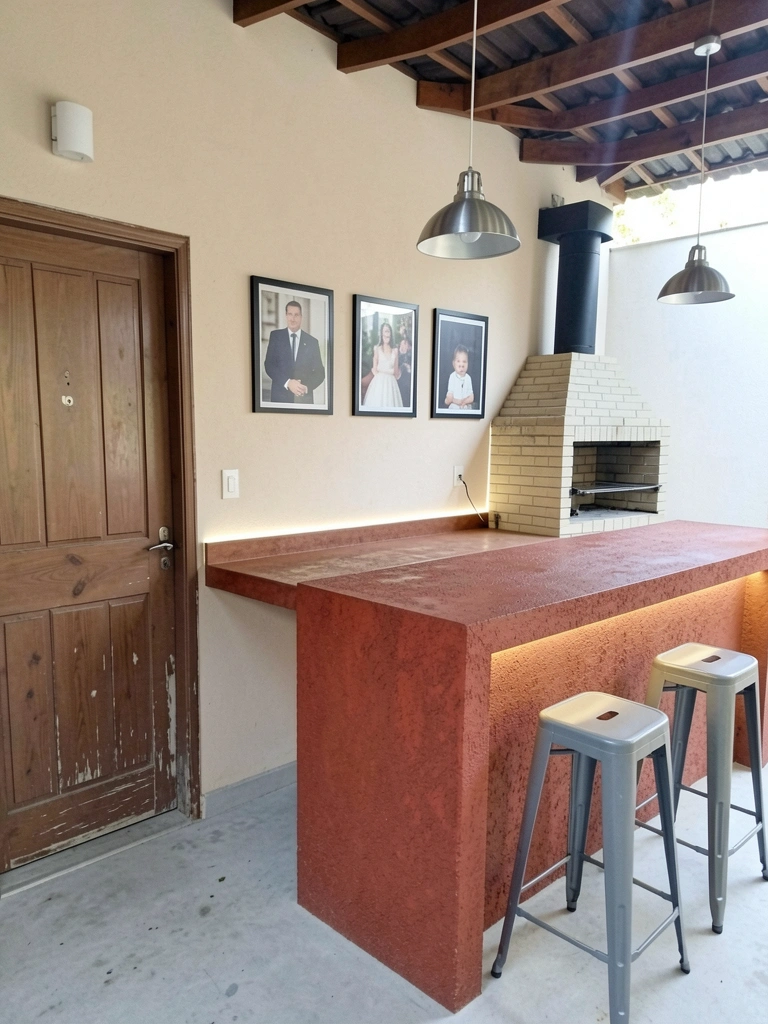 Luminárias pendentes sobre uma mesa e fitas de LED indiretas no teto, em uma área de churrasco.