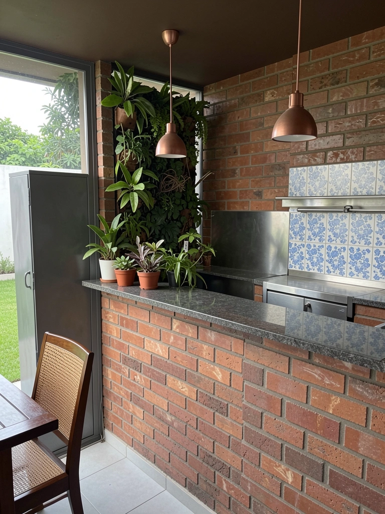 Jardim vertical com folhagens verdes e vasos de plantas distribuídos no piso da área de churrasco.