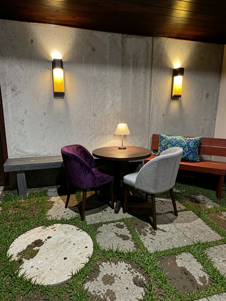 Amostras de piso antiderrapante ao lado de uma bancada de apoio em área externa.
