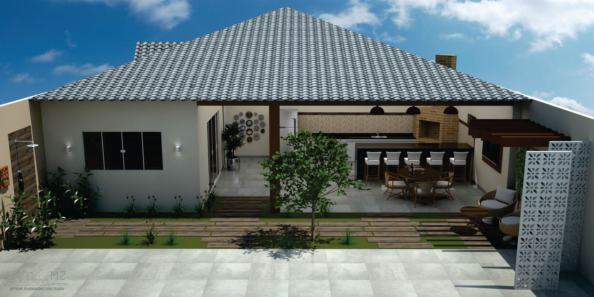 design de área de lazer na frente da casa