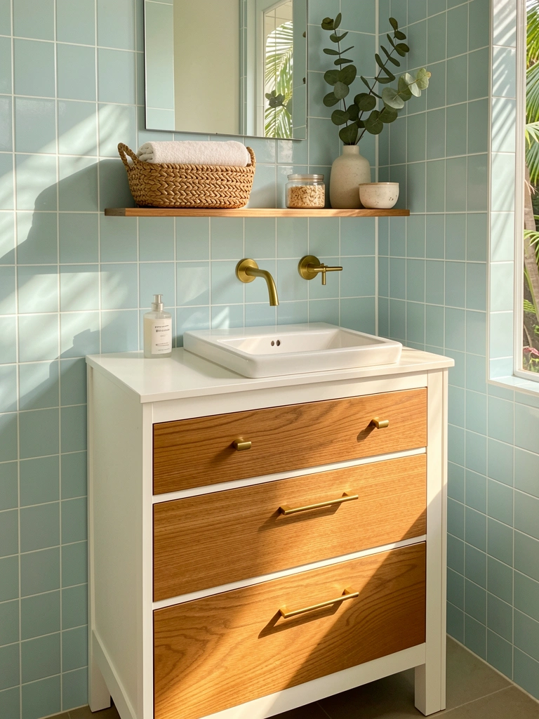 Armário branco com gavetas de freijó, puxadores dourados e pia de cerâmica; cesto de vime com toalhas e vaso com eucalipto na prateleira; azulejos azuis claros e luz natural.