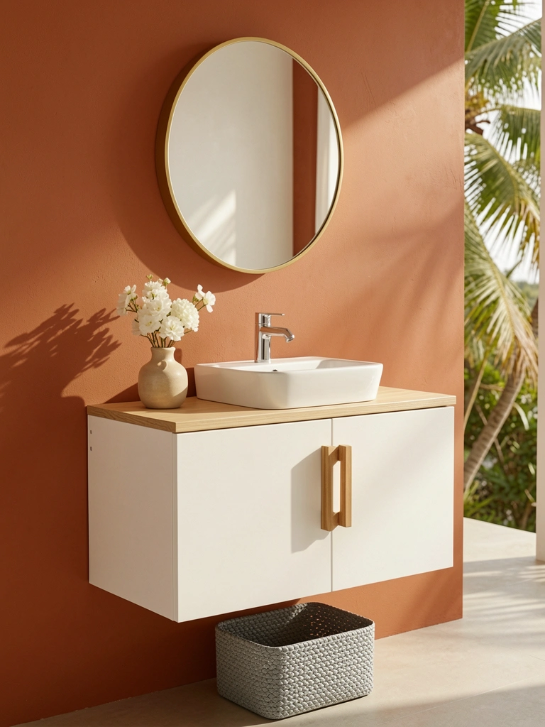 Armário flutuante branco com cuba de cerâmica sobre parede terracota, cesto cinza embaixo e espelho redondo com moldura dourada.